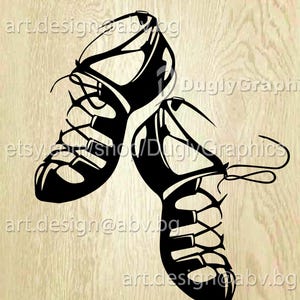 May include: Black and white illustration of a pair of Irish dance shoes. The shoes are tied together with a ribbon.
