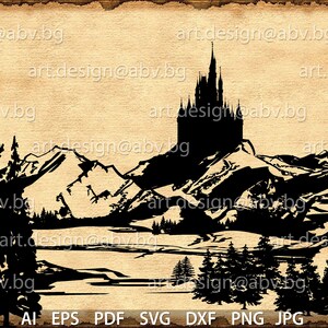 May include: A black and white silhouette illustration of a castle on a mountain with trees and snow. The castle has a tall pointed roof and many windows. The mountains are jagged and the trees are tall and thin.