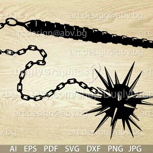 Può includere: Una palla nera con punte attaccata a una catena con un manico in metallo nero. La catena è composta da anelli di metallo. La palla ha un design appuntito e tagliente.