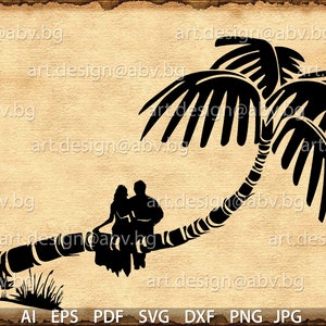 May include: A black silhouette of a couple sitting on a palm tree trunk with the palm tree leaves extending to the right. The background is a light brown parchment texture.