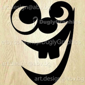 May include: Black cartoon face graphic with large eyes, a wide smile, and two prominent teeth. The design includes the text "DuglyGraphics" and "etsy.com/shop/DuglyGraphics". The background is a light wood grain.