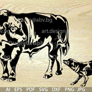 May include: Black silhouette of a bull and a smaller dog facing each other. The bull is standing with its legs spread apart and the dog is standing on all fours. The background is a light brown wood grain.