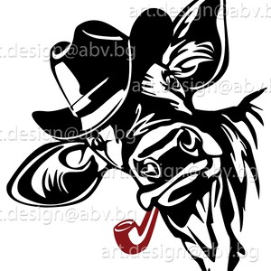 Vector COW with cowboy hat and pipe, 3 colors, calf, head, AI, PNG, eps, pdf, svg, dxf, jpg Instant Download, Art Print, svg cow
