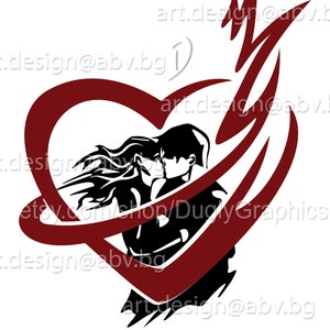 May include: A black and burgundy graphic of a couple kissing inside a heart shape, with flame-like accents. The image includes the text "etsy.com/shop/DuckyGraphics" and "art.design@abv.bg".