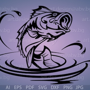 Vektor-FISCH, Forellenbarsch, über dem Wasser, AI, eps, pdf, PNG, svg, dxf, jpg Bild Grafik Digitaler Download Kunstwerk, graphisch, Coupons
