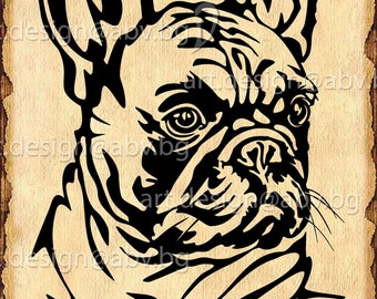 May include: Black and white silhouette of a French Bulldog's head with a wrinkled face and large ears. The dog is looking to the left.
