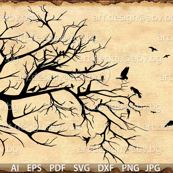 Vector TREE and birds, silhouette, AI, PNG, eps, pdf, svg, dxf, jpg Download, Digital image, graphical, /for print/, discount coupons