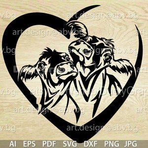 Vector COWS LOVE, calf, head, heart, AI, png, eps, pdf, svg, dxf, jpg graphical Art Print, cute heifer