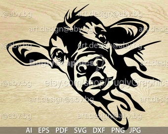 May include: Black and white silhouette of a cow's head with a stylized design. The cow's head is facing the right side of the image.