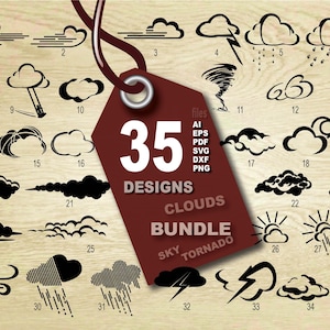 May include: A collection of 35 cloud designs in black, including various cloud shapes, rain, lightning, and a tornado. The designs are labeled with numbers and come in multiple file formats.
