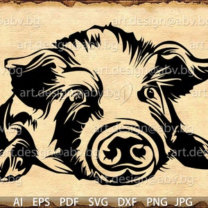 May include: Black and white illustration of a pig's face with a stylized design. The pig's snout is curled up and the eyes are large and round.