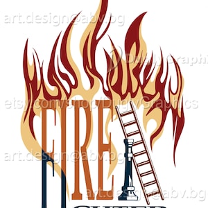 May include: A graphic design featuring the word FIRE FIGHTER in dark blue and orange lettering. Behind the text are stylised flames in shades of red and tan. A dark blue chess piece and a brown ladder are positioned in front of the flames.