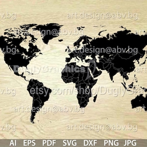 Puede incluir: Una silueta de mapa mundial en blanco y negro sobre un fondo de madera claro.