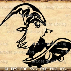 Gnomo vectorial en patineta, AI, PDF, EPS, SVG, DXF, PNG, JPG, descarga digital, gráfico, SVG enano, SVG gnomo, cupones de descuento