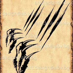 Peut inclure: Silhouette noire de griffes et de rayures acérées sur un fond brun.