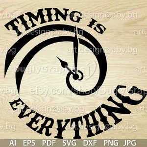 Puede incluir: Diseño gráfico en blanco y negro con una esfera de reloj y el texto "TIMING IS EVERYTHING".