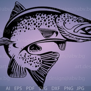 Könnte beinhalten: Schwarz-weiße Silhouette einer Forelle, die aus dem Wasser springt. Der Fisch hat ein geflecktes Muster und ist in einer dynamischen Pose dargestellt.