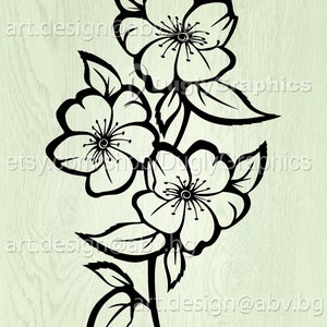 May include: Black and white silhouette of a floral branch with five flowers and leaves. The flowers have five petals each and a center circle. The branch is curved and has a few leaves.