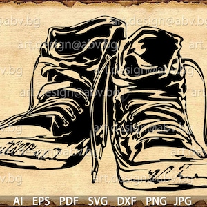 May include: A pair of black leather boots with laces. The boots have a rugged, worn look and are tied together with a single lace.