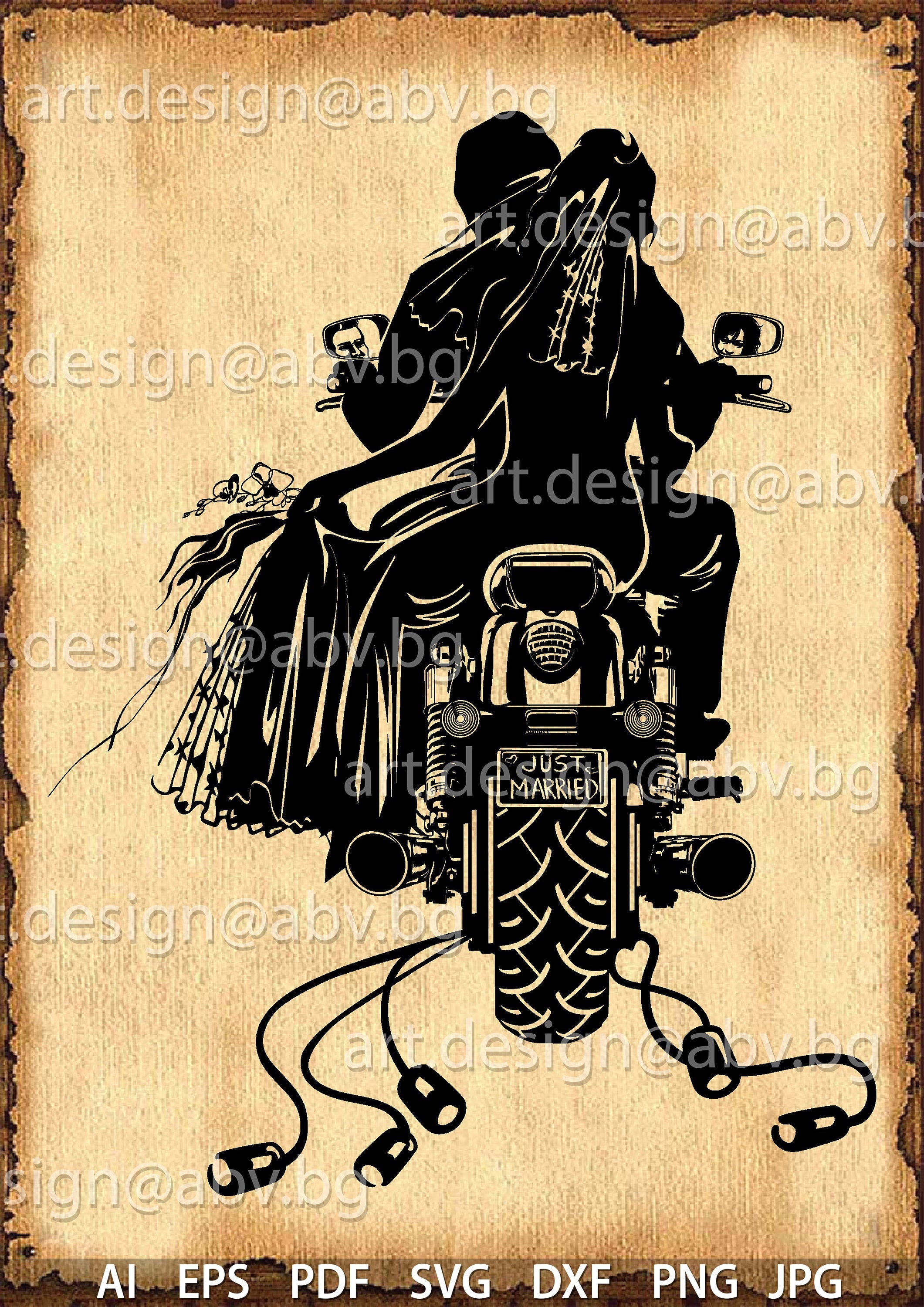 Vector WEDDING MOTORCYCLE, Just Married, Ai, Eps, Pdf, PNG
