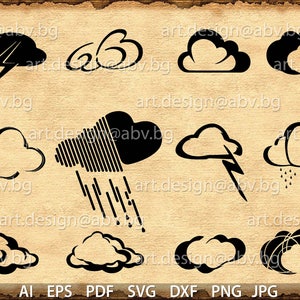 May include: A set of ten black and white cloud illustrations. The clouds are in various shapes and sizes, and some have additional details like lightning bolts or raindrops.