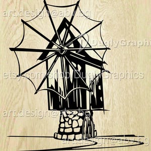 Puede incluir: Ilustración en blanco y negro de un molino de viento. El molino tiene una base de piedra, una puerta de madera y grandes aspas. Incluye el texto "etsy.com/shop/Sug Graphics" y "art.design@abv.bg".