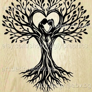 May include: Black tree silhouette with a heart-shaped canopy, featuring two figures embracing. The tree's trunk and roots are detailed, set against a light wood grain background. The Etsy shop URL is visible. The image is a digital design.