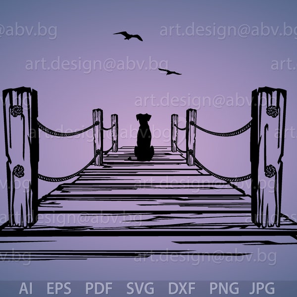 Vector WOODEN QUAY, waiting dog, AI, eps, pdf, svg, dxf, png, jpg Download, Digital image, graphical image, birds, gull, discount coupons