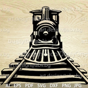 May include: Black and white silhouette of a vintage steam locomotive train engine on a set of railroad tracks. The train is facing forward and the front of the engine is visible. The train is on a wooden surface.