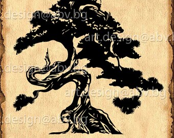 Puede incluir: Silueta negra de un árbol bonsái con un tronco grueso y muchas ramas. El árbol está sobre un fondo marrón claro.
