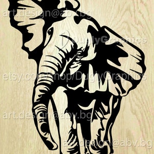 Peut inclure: Silhouette noire et blanche d'un éléphant avec sa trompe levée. L'éléphant est debout sur ses quatre pattes, les pieds écartés. Les oreilles de l'éléphant sont grandes et tombantes. La queue de l'éléphant est longue et fine.