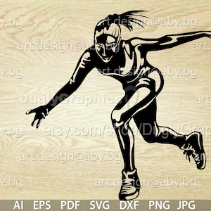 Puede incluir: Silueta en blanco y negro de una atleta femenina lanzando una pelota. La atleta lleva un uniforme deportivo y tiene el pelo recogido en una coleta.