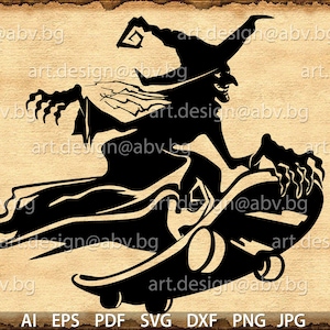 Witch on Skateboard Vector Art - Halloween Graphic (Digital Download)