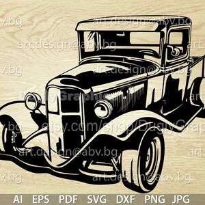 May include: Black and white silhouette of a vintage pickup truck with a large front grill and rounded headlights. The truck has a flatbed and a cab with a single door on each side.