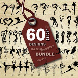 Puede incluir: Un conjunto de 60 diseños de silueta en blanco y negro de personas bailando. Los diseños incluyen parejas bailando, bailarines en solitario y bailarines de ballet. Los diseños están etiquetados con los números del 1 al 60. El texto "60 Designs Dance Peoples Bundle Figures" está en un rectángulo rojo en la parte inferior de la imagen.