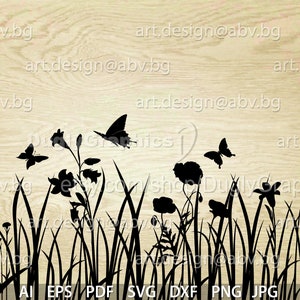 May include: Black silhouette of a field of grass with flowers and butterflies. The flowers include lilies, poppies, and daffodils. The butterflies are in flight.