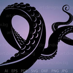 Puede incluir: Una silueta negra de un pulpo con tentáculos enroscados en forma circular. El pulpo está sobre un fondo morado.