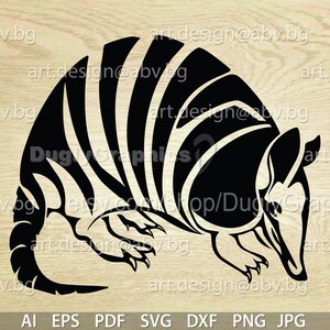 May include: Black and white silhouette of an armadillo with a striped pattern on its back. The armadillo is curled up in a defensive position.
