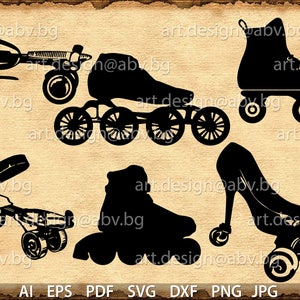 May include: A set of four black roller skate designs. The designs include a pair of roller skates with a high heel, a pair of roller skates with a boot, a pair of roller skates with a single wheel, and a pair of roller skates with four wheels.