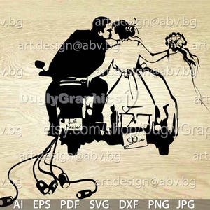 Vektor HOCHZEIT Motorrad, just married, ai, eps, pdf, png, svg, dxf, jpg Download, graphisch, Rabatt-Coupons