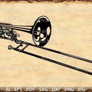May include: A black and white silhouette of a trombone, a brass musical instrument with a long, cylindrical tube and a bell at the end.