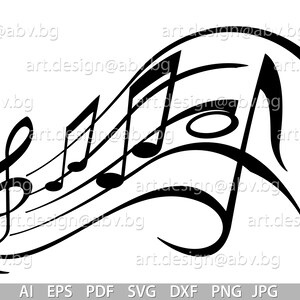 May include: Black and white illustration of musical notes and a treble clef. The notes are arranged in a flowing, curved pattern.