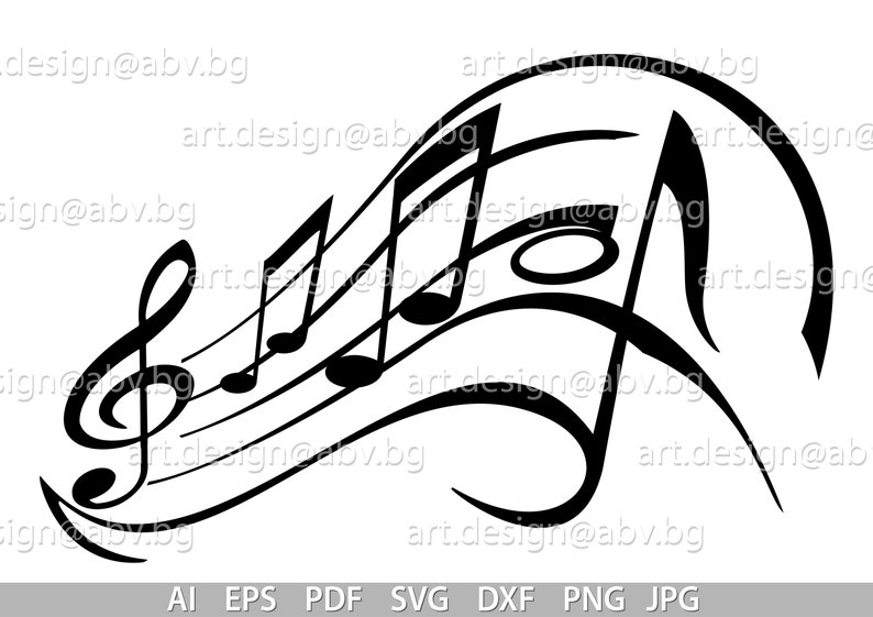 May include: Black and white illustration of musical notes and a treble clef. The notes are arranged in a flowing, curved pattern.