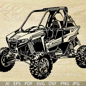 May include: Black and white silhouette of a side view of a four-wheeled off-road vehicle with a roll cage. The vehicle has large tires and a sporty design.