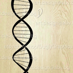 May include: A black and white digital illustration of a DNA double helix on a woodgrain background. The DNA strand is made up of a series of 0s and 1s.