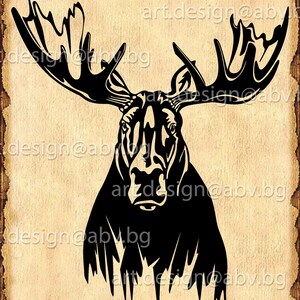 May include: Black and white silhouette of a moose head with large antlers. The moose is facing forward with its mouth closed. The image is on a brown background.