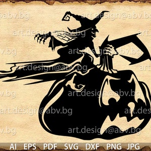 May include: A black silhouette of a witch riding a jack-o'-lantern. The witch is wearing a pointed hat and has long flowing hair. The jack-o'-lantern has a wide grin and a carved out face.