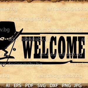 Könnte beinhalten: Eine schwarz-weiße Silhouette eines Cowboyhuts mit einem Band und einem Schild mit der Aufschrift "WELCOME" in fetten schwarzen Buchstaben.