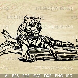Vector TIGER on a log Digital image AI PNG pdf eps svg dxf jpg Art Print Instant Download Printable draw