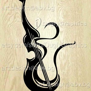 May include: A black and white silhouette of a cello with a stylized design. The cello is positioned vertically with the neck pointing upwards. The cello is set against a woodgrain background.